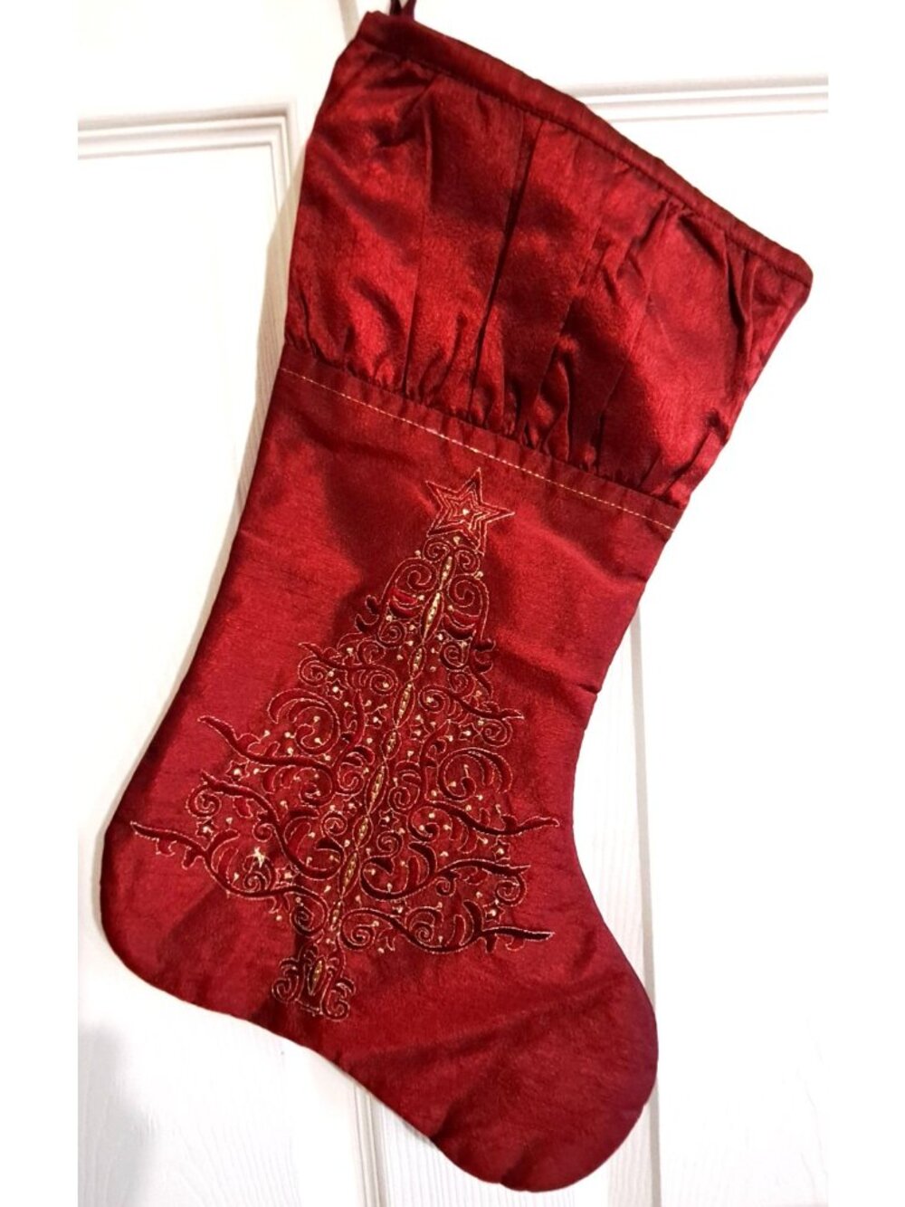 Unbranded Red Christmas Stocking Embroidered Gold Tree Hang Tab